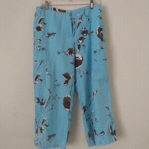 Cali Cali Linen Capris, Size M, Cargo Pockets, Sky Blue Brown Floral Print